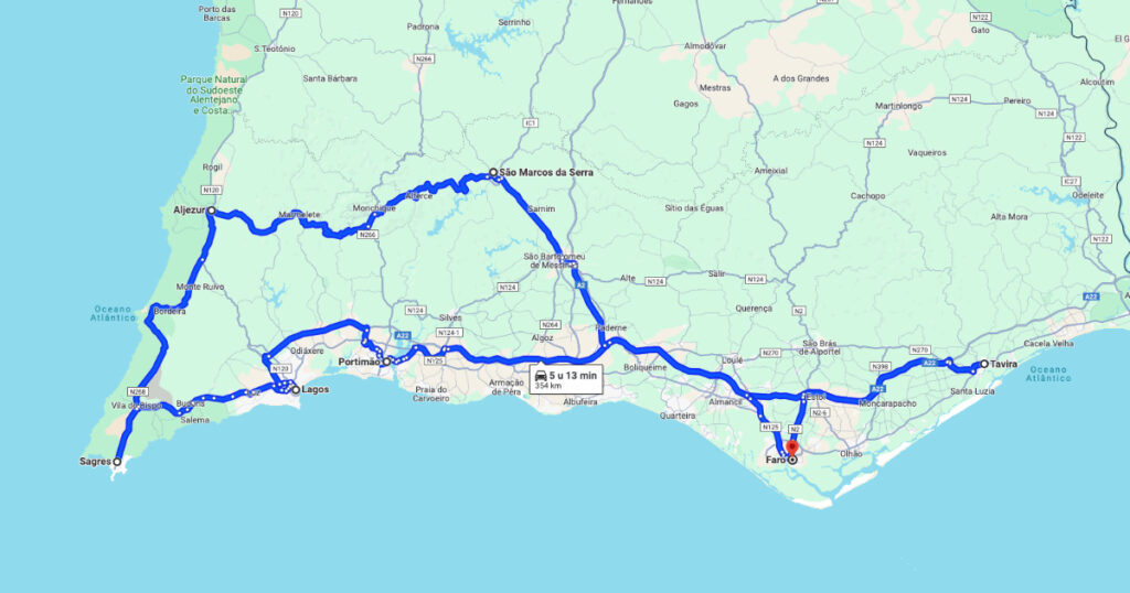 Rondreis Algarve van 9 dagen Routekaart